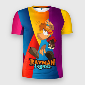 Мужская футболка 3D Slim с принтом Rayman Радужный фон в Новосибирске, 100% полиэстер с улучшенными характеристиками | приталенный силуэт, круглая горловина, широкие плечи, сужается к линии бедра | Тематика изображения на принте: globox | rayman | rayman legends | глобокс | реймен | рэйман | рэймэн | человечек
