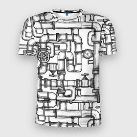 Мужская футболка 3D Slim с принтом Трубы с краном в Новосибирске, 100% полиэстер с улучшенными характеристиками | приталенный силуэт, круглая горловина, широкие плечи, сужается к линии бедра | давление | кран | муфта | скетч | стрелка | труба