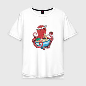 Мужская футболка хлопок Oversize с принтом Octopus Love Ramen в Петрозаводске, 100% хлопок | свободный крой, круглый ворот, “спинка” длиннее передней части | азиатский | азия | аниме | вкусный | голодный | еда | китайский | корейский | лапша | милый | морской | осьминог | рамен | японский