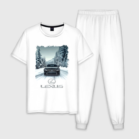 Мужская пижама хлопок с принтом Lexus   зимняя дорога , 100% хлопок | брюки и футболка прямого кроя, без карманов, на брюках мягкая резинка на поясе и по низу штанин
 | forest | lexus | road | speed | winter | дорога | зима | лексус | лес | скорость