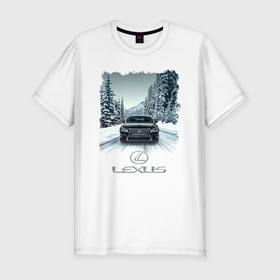 Мужская футболка хлопок Slim с принтом Lexus   зимняя дорога в Кировске, 92% хлопок, 8% лайкра | приталенный силуэт, круглый вырез ворота, длина до линии бедра, короткий рукав | forest | lexus | road | speed | winter | дорога | зима | лексус | лес | скорость