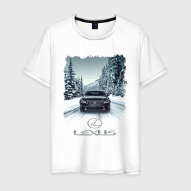 Мужская футболка хлопок с принтом Lexus   зимняя дорога в Курске, 100% хлопок | прямой крой, круглый вырез горловины, длина до линии бедер, слегка спущенное плечо. | forest | lexus | road | speed | winter | дорога | зима | лексус | лес | скорость