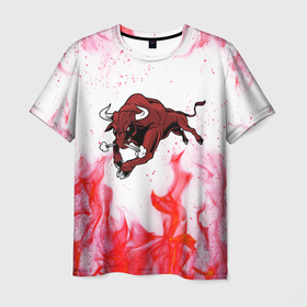 Мужская футболка 3D с принтом Бык на красном огне в Екатеринбурге, 100% полиэфир | прямой крой, круглый вырез горловины, длина до линии бедер | bull | бык | бычок | дикий бык | домашний бык | животное | животные | звери | зверь | красный огонь | огонь | скотоводство | тур