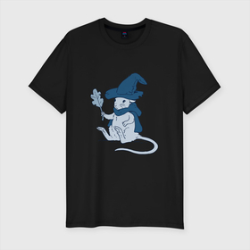 Мужская футболка хлопок Slim с принтом Маленький волшебник в Тюмени, 92% хлопок, 8% лайкра | приталенный силуэт, круглый вырез ворота, длина до линии бедра, короткий рукав | арт | ведьма | ведьмина шляпа | маг | магия | мышь | рисунок | шляпа