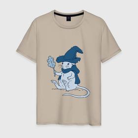 Мужская футболка хлопок с принтом Маленький волшебник в Петрозаводске, 100% хлопок | прямой крой, круглый вырез горловины, длина до линии бедер, слегка спущенное плечо. | арт | ведьма | ведьмина шляпа | маг | магия | мышь | рисунок | шляпа