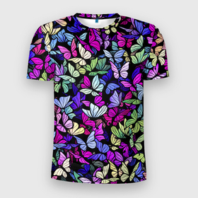 Мужская футболка 3D Slim с принтом Витражные бабочки в Санкт-Петербурге, 100% полиэстер с улучшенными характеристиками | приталенный силуэт, круглая горловина, широкие плечи, сужается к линии бедра | Тематика изображения на принте: 8 марта | butterfly | бабочки | бобочка | крылья | мотыльки | насекомые | паттерн