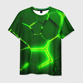 Мужская футболка 3D с принтом 3D ПЛИТЫ НЕОН   NEON GREEN HEXAGON РАЗЛОМ в Петрозаводске, 100% полиэфир | прямой крой, круглый вырез горловины, длина до линии бедер | 3d | abstraction | among as | counter strike | geometry | hexagon | lol | neon | paints | stripes | texture | triangle | wow | абстракция | амонг ас | брызги | геометрия | краски | неон | неоновый | разлом | соты | текстура