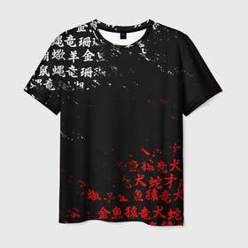 Мужская футболка 3D с принтом КРАСНО БЕЛЫЕ ИЕРОГЛИФЫ   ЯПОНИЯ   БРЫЗГИ в Санкт-Петербурге, 100% полиэфир | прямой крой, круглый вырез горловины, длина до линии бедер | anime | blood | chery | flowers | japan | katana | knight | ros | sakura | samurai | senpai | sun | warior | аниме | вишня | воин | катана | кровавая | кровавый | кровь | луна | меч | растения | розы | ромашка | сакура | самураи | самурай | сем