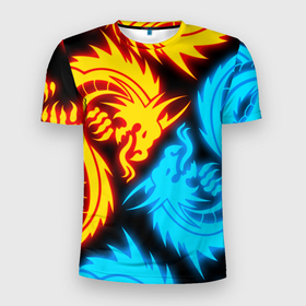 Мужская футболка 3D Slim с принтом НЕОНОВЫЕ ДРАКОНЫ   NEON DRAGONS в Новосибирске, 100% полиэстер с улучшенными характеристиками | приталенный силуэт, круглая горловина, широкие плечи, сужается к линии бедра | Тематика изображения на принте: bright | china | dragon | fire | flame | heat | japan | light | neon | neon dragon | symbol | texture | tokyo | wildfire | драконы | иероглифы | искры | китай | мифология | неон | неоновые драконы | огненный | огонь | пламя | пожар | текстура | 