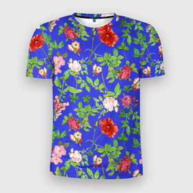 Мужская футболка 3D Slim с принтом Цветочки   синий фон   паттерн в Тюмени, 100% полиэстер с улучшенными характеристиками | приталенный силуэт, круглая горловина, широкие плечи, сужается к линии бедра | паттерн | полевые цветы | сад | цветочки | цветы