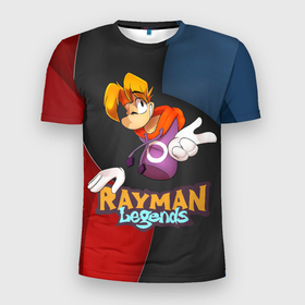 Мужская футболка 3D Slim с принтом Rayman на абстрактном фоне в Кировске, 100% полиэстер с улучшенными характеристиками | приталенный силуэт, круглая горловина, широкие плечи, сужается к линии бедра | Тематика изображения на принте: globox | rayman | rayman legends | глобокс | реймен | рэйман | рэймэн | человечек
