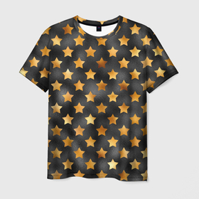 Мужская футболка 3D с принтом Золотые звезды на черном в Санкт-Петербурге, 100% полиэфир | прямой крой, круглый вырез горловины, длина до линии бедер | Тематика изображения на принте: звездочка | звездочки | звезды | золото | золотые звезды