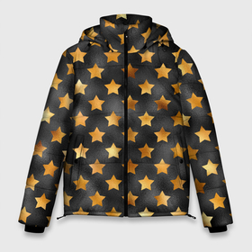 Мужская зимняя куртка 3D с принтом Золотые звезды на черном в Тюмени, верх — 100% полиэстер; подкладка — 100% полиэстер; утеплитель — 100% полиэстер | длина ниже бедра, свободный силуэт Оверсайз. Есть воротник-стойка, отстегивающийся капюшон и ветрозащитная планка. 

Боковые карманы с листочкой на кнопках и внутренний карман на молнии. | звездочка | звездочки | звезды | золото | золотые звезды