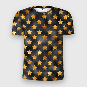 Мужская футболка 3D Slim с принтом Золотые звезды на черном в Тюмени, 100% полиэстер с улучшенными характеристиками | приталенный силуэт, круглая горловина, широкие плечи, сужается к линии бедра | Тематика изображения на принте: звездочка | звездочки | звезды | золото | золотые звезды
