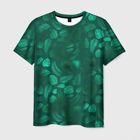 Мужская футболка 3D с принтом яркие зеленые листья , 100% полиэфир | прямой крой, круглый вырез горловины, длина до линии бедер | зелень | лето | листочки | листья | паттерн | яркие листья