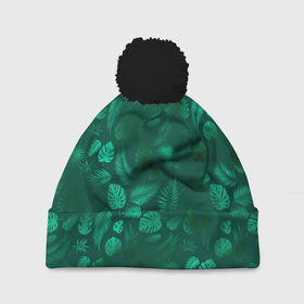 Шапка 3D c помпоном с принтом яркие зеленые листья в Тюмени, 100% полиэстер | универсальный размер, печать по всей поверхности изделия | зелень | лето | листочки | листья | паттерн | яркие листья