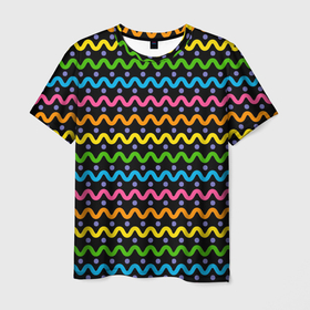 Мужская футболка 3D с принтом Разноцветные волнистые линии , 100% полиэфир | прямой крой, круглый вырез горловины, длина до линии бедер | абстракция | волны | линии | паттерн | радуга | разноцветные | цветные