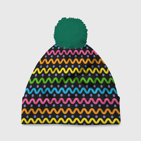 Шапка 3D c помпоном с принтом Разноцветные волнистые линии в Тюмени, 100% полиэстер | универсальный размер, печать по всей поверхности изделия | абстракция | волны | линии | паттерн | радуга | разноцветные | цветные