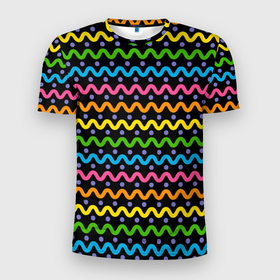 Мужская футболка 3D Slim с принтом Разноцветные волнистые линии в Екатеринбурге, 100% полиэстер с улучшенными характеристиками | приталенный силуэт, круглая горловина, широкие плечи, сужается к линии бедра | абстракция | волны | линии | паттерн | радуга | разноцветные | цветные