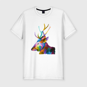 Мужская футболка хлопок Slim с принтом Цветной олень | Colored Deer , 92% хлопок, 8% лайкра | приталенный силуэт, круглый вырез ворота, длина до линии бедра, короткий рукав | animal | artiodactyl | cervidae | colored deer | deer | forest deer | жвачные | животное | лесной олень | оленевые | олень | оленьи | парнокопытное | цветной олень