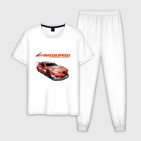 Мужская пижама хлопок с принтом Mazda   Motorsport Development в Новосибирске, 100% хлопок | брюки и футболка прямого кроя, без карманов, на брюках мягкая резинка на поясе и по низу штанин
 | Тематика изображения на принте: car | development | japan | mazda | motorsport | power | racing | team | автомобиль | автоспорт | гонка | мазда | мощь | развитие | япония