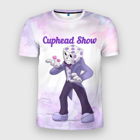 Мужская футболка 3D Slim с принтом Mr.purple в Екатеринбурге, 100% полиэстер с улучшенными характеристиками | приталенный силуэт, круглая горловина, широкие плечи, сужается к линии бедра | netflix | purple | арт | графика | мультфильм | шоу чашека