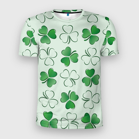 Мужская футболка 3D Slim с принтом Трехлистный клевер (День Св. Патрика) в Санкт-Петербурге, 100% полиэстер с улучшенными характеристиками | приталенный силуэт, круглая горловина, широкие плечи, сужается к линии бедра | день святого патрика | зеленый | ирландский | клевер | паттерн | праздник | яркий