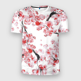 Мужская футболка 3D Slim с принтом Ранняя сакура в Белгороде, 100% полиэстер с улучшенными характеристиками | приталенный силуэт, круглая горловина, широкие плечи, сужается к линии бедра | арт | весна | краска | мазки | мазки краски | рисунок | розовые цветы | розовый цветок | сакура | цветок | цветы | яркие цветы | яркий цветок