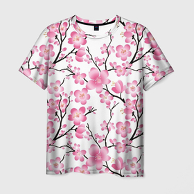 Мужская футболка 3D с принтом Весенняя сакура , 100% полиэфир | прямой крой, круглый вырез горловины, длина до линии бедер | арт | весна | рисунок | розовые цветы | розовый цветок | сакура | цветок | цветы | яркие цветы | яркий цветок