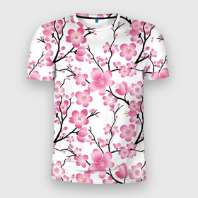 Мужская футболка 3D Slim с принтом Весенняя сакура в Санкт-Петербурге, 100% полиэстер с улучшенными характеристиками | приталенный силуэт, круглая горловина, широкие плечи, сужается к линии бедра | арт | весна | рисунок | розовые цветы | розовый цветок | сакура | цветок | цветы | яркие цветы | яркий цветок