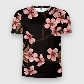 Мужская футболка 3D Slim с принтом Начало весны в Белгороде, 100% полиэстер с улучшенными характеристиками | приталенный силуэт, круглая горловина, широкие плечи, сужается к линии бедра | арт | весна | рисунок | розовые цветы | розовый цветок | цветок | цветущее дерево | цветы | яркие цветы | яркий цветок