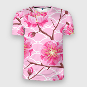 Мужская футболка 3D Slim с принтом Большие цветы в Новосибирске, 100% полиэстер с улучшенными характеристиками | приталенный силуэт, круглая горловина, широкие плечи, сужается к линии бедра | арт | большие цветы | большой цветок | весна | рисунок | розовые цветы | розовый цветок | сакура | цветение | цветение дерева | цветение деревьев | цветок | цветы | яркие цветы | яркий цветок