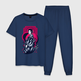 Мужская пижама хлопок с принтом Гейша Дьявол в Тюмени, 100% хлопок | брюки и футболка прямого кроя, без карманов, на брюках мягкая резинка на поясе и по низу штанин
 | japan | азиатская культура | азиатский | азия | аниме | девушка | женщина | канагава | кимоно | киото | китай | китайский | корейский | корея | красный | легенда | манга | ниндзя | нихон | отаку | сакура