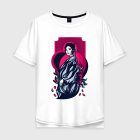 Мужская футболка хлопок Oversize с принтом Гейша Дьявол в Петрозаводске, 100% хлопок | свободный крой, круглый ворот, “спинка” длиннее передней части | japan | азиатская культура | азиатский | азия | аниме | девушка | женщина | канагава | кимоно | киото | китай | китайский | корейский | корея | красный | легенда | манга | ниндзя | нихон | отаку | сакура