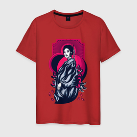 Мужская футболка хлопок с принтом Гейша Дьявол в Курске, 100% хлопок | прямой крой, круглый вырез горловины, длина до линии бедер, слегка спущенное плечо. | japan | азиатская культура | азиатский | азия | аниме | девушка | женщина | канагава | кимоно | киото | китай | китайский | корейский | корея | красный | легенда | манга | ниндзя | нихон | отаку | сакура
