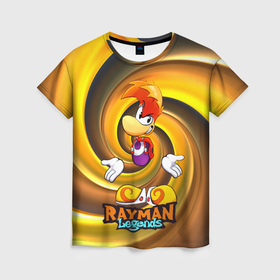 Женская футболка 3D с принтом Rayman Legends на фоне желтой спирали в Тюмени, 100% полиэфир ( синтетическое хлопкоподобное полотно) | прямой крой, круглый вырез горловины, длина до линии бедер | legends | rayman | rayman legends | глобокс | рейман | рэйман | рэймэн