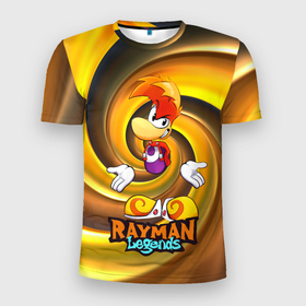Мужская футболка 3D Slim с принтом Rayman Legends на фоне желтой спирали в Кировске, 100% полиэстер с улучшенными характеристиками | приталенный силуэт, круглая горловина, широкие плечи, сужается к линии бедра | legends | rayman | rayman legends | глобокс | рейман | рэйман | рэймэн