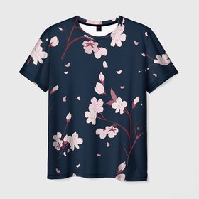 Мужская футболка 3D с принтом Веточки с цветами , 100% полиэфир | прямой крой, круглый вырез горловины, длина до линии бедер | арт | весна | рисунок | розовые цветы | розовый цветок | сакура | цветение | цветение дерева | цветение деревьев | цветок | цветы | яркие цветы | яркий цветок