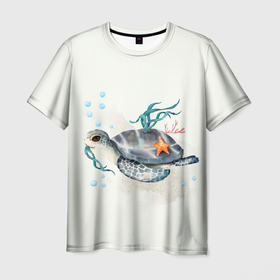 Мужская футболка 3D с принтом морская черепашка в океане в Санкт-Петербурге, 100% полиэфир | прямой крой, круглый вырез горловины, длина до линии бедер | Тематика изображения на принте: ocean | sea | море | морские мотивы | морской принт | океан | паттерн | черепаха