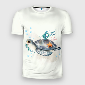 Мужская футболка 3D Slim с принтом морская черепашка в океане в Санкт-Петербурге, 100% полиэстер с улучшенными характеристиками | приталенный силуэт, круглая горловина, широкие плечи, сужается к линии бедра | Тематика изображения на принте: ocean | sea | море | морские мотивы | морской принт | океан | паттерн | черепаха