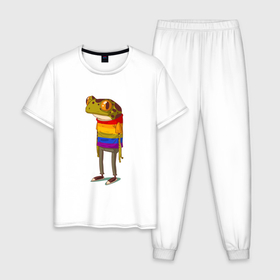 Мужская пижама хлопок с принтом Лягушка | Frog in a colored t shirt в Екатеринбурге, 100% хлопок | брюки и футболка прямого кроя, без карманов, на брюках мягкая резинка на поясе и по низу штанин
 | frog in a colored tshirt | бесхвостые | голиаф | древесница | земноводное | квакуша | квакушка | квакша | лиопельма | лягва | лягуха | лягушач | лягушечка | лягушка | лягушкаквакушка | лягушки | нототрема | пипа