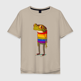 Мужская футболка хлопок Oversize с принтом Лягушка | Frog in a colored t shirt в Кировске, 100% хлопок | свободный крой, круглый ворот, “спинка” длиннее передней части | Тематика изображения на принте: frog in a colored tshirt | бесхвостые | голиаф | древесница | земноводное | квакуша | квакушка | квакша | лиопельма | лягва | лягуха | лягушач | лягушечка | лягушка | лягушкаквакушка | лягушки | нототрема | пипа