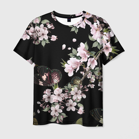Мужская футболка 3D с принтом Краски весны в Петрозаводске, 100% полиэфир | прямой крой, круглый вырез горловины, длина до линии бедер | арт | бабочка | бабочки | весна | рисунок | розовые цветы | розовый цветок | сакура | цветение | цветение дерева | цветение деревьев | цветок | цветы | яркая бабочка | яркие бабочки | яркие цветы