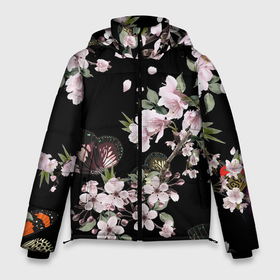 Мужская зимняя куртка 3D с принтом Краски весны в Тюмени, верх — 100% полиэстер; подкладка — 100% полиэстер; утеплитель — 100% полиэстер | длина ниже бедра, свободный силуэт Оверсайз. Есть воротник-стойка, отстегивающийся капюшон и ветрозащитная планка. 

Боковые карманы с листочкой на кнопках и внутренний карман на молнии. | арт | бабочка | бабочки | весна | рисунок | розовые цветы | розовый цветок | сакура | цветение | цветение дерева | цветение деревьев | цветок | цветы | яркая бабочка | яркие бабочки | яркие цветы