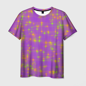 Мужская футболка 3D с принтом Космос, лиловое звёздное небо , 100% полиэфир | прямой крой, круглый вырез горловины, длина до линии бедер | Тематика изображения на принте: звёзды | зелёный | лиловый | небо | оранжевый | сиреневый | фиолетовый