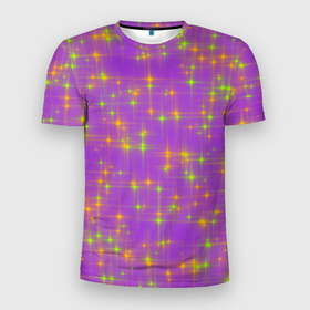 Мужская футболка 3D Slim с принтом Космос, лиловое звёздное небо , 100% полиэстер с улучшенными характеристиками | приталенный силуэт, круглая горловина, широкие плечи, сужается к линии бедра | Тематика изображения на принте: звёзды | зелёный | лиловый | небо | оранжевый | сиреневый | фиолетовый