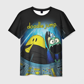 Мужская футболка 3D с принтом Doodle in spaceship в Тюмени, 100% полиэфир | прямой крой, круглый вырез горловины, длина до линии бедер | Тематика изображения на принте: doodle | doodle jump | game | jump | видеоигра | дудлик | игра | игры | каракуля | мобилка | мобильная игра | платформер