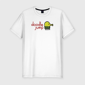 Мужская футболка хлопок Slim с принтом Doodle Jump classic в Кировске, 92% хлопок, 8% лайкра | приталенный силуэт, круглый вырез ворота, длина до линии бедра, короткий рукав | doodle | doodle jump | game | jump | видеоигра | дудлик | игра | игры | каракуля | мобилка | мобильная игра | платформер