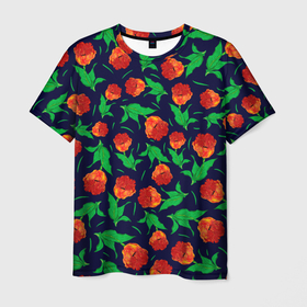 Мужская футболка 3D с принтом Тюльпаны Весенние цветы в Санкт-Петербурге, 100% полиэфир | прямой крой, круглый вырез горловины, длина до линии бедер | flowers | red tulips | spring | tulips | акварельные цветы | букет | бутоны | весенние цветы | весна | красные тюльпаны | красные цветы | лепестки | лето | листья | много цветов | нарисованные цветы | подарок