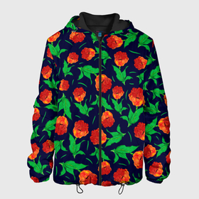 Мужская куртка 3D с принтом Тюльпаны Весенние цветы в Новосибирске, ткань верха — 100% полиэстер, подклад — флис | прямой крой, подол и капюшон оформлены резинкой с фиксаторами, два кармана без застежек по бокам, один большой потайной карман на груди. Карман на груди застегивается на липучку | flowers | red tulips | spring | tulips | акварельные цветы | букет | бутоны | весенние цветы | весна | красные тюльпаны | красные цветы | лепестки | лето | листья | много цветов | нарисованные цветы | подарок